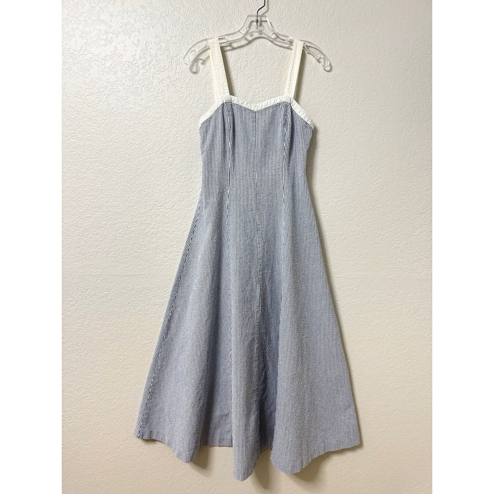 Vintage Armani Jeans Dress Womens 4 Blue Seersucker Striped Sundress Coastal - Picture 2 of 11